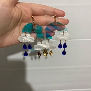 Storm cloud stud earrings lightning bolts clouds rain iridescent